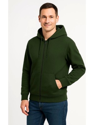 Erkek Üç Iplik Kapüşonlu Tam Fermuarlı Kanguru Çepli Sweatshirt Hoodie - Haki