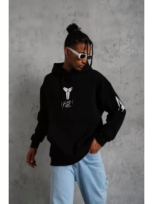 Unisex Sırt Baskılı Kapüşonlu Üç Iplik Oversize Sweatshirt - Siyah