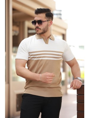 Erkek Çizgi Desenli Yakalı Kısa Kollu T-Shirt