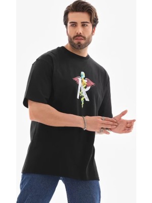 Unisex Bisiklet Yaka Baskılı Oversize T-Shirt - Siyah