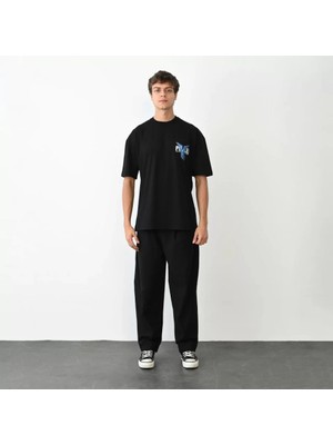 Unisex Bisiklet Yaka Baskılı Oversize T-Shirt - Siyah