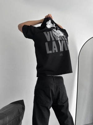Baskılı Oversize Bisiklet Yaka T-Shirt - Siyah