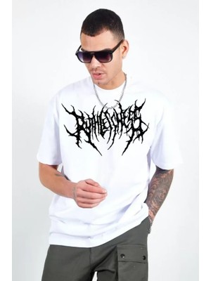 Unisex Bisiklet Yaka Baskılı Oversize T-Shirt - Beyaz