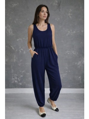 Kadın Askılı Yuvarlak Yakalı Cepli Viskon Tulum