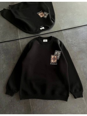 Bisiklet Yaka Baskılı Sweatshirt - Siyah