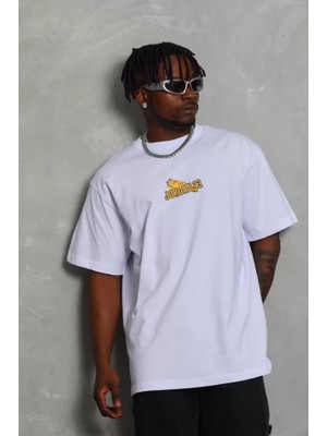 Unisex Bisiklet Yaka Baskılı Oversize T-Shirt - Beyaz