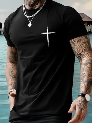 Baskılı Oversize Bisiklet Yaka T-Shirt - Siyah