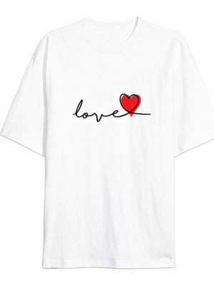Sevgililer Günü Için Özel Tasarım Love Baskılı T-Shirt - Beyaz