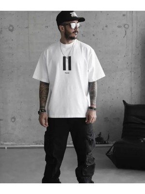 Unisex Bisiklet Yaka Baskılı Oversize T-Shirt - Beyaz