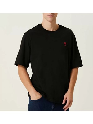 Unisex Bisiklet Yaka Baskılı Oversize T-Shirt - Siyah