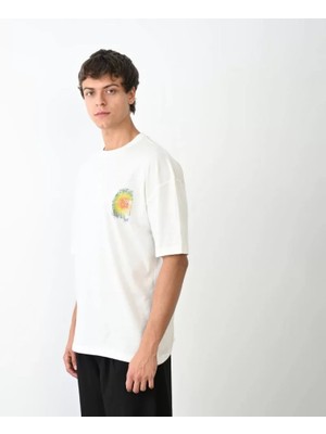 Unisex Bisiklet Yaka Baskılı Oversize T-Shirt - Beyaz