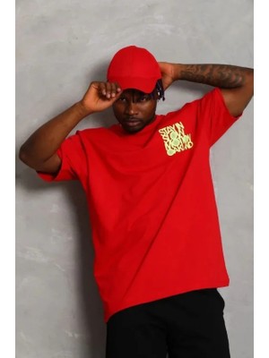 Erkek Baskılı T-Shirt Kısa Kol Bisiklet Yaka Regular Fit Rahat Kalıp Günlük Tişört - Kırmızı