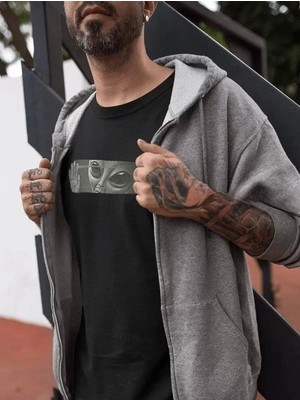 Unisex Bisiklet Yaka Baskılı Oversize T-Shirt - Siyah