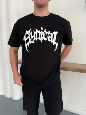 Erkek Bisiklet Yaka Ön Baskılı  Kısa Kollu Tişört Streetwear Günlük Basic Pamuklu T-Shirt - Siyah