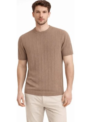 Erkek Yazlık Fitilli Triko Tişört Kısa Kol Bisiklet Yaka T-Shirt - Kahverengi