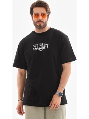 Unisex Bisiklet Yaka Baskılı Oversize T-Shirt - Siyah