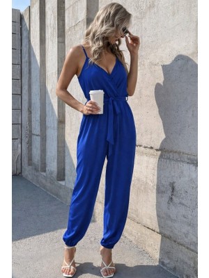 Kadın Ip Askılı Kruvaze Yakalı Belden Kuşaklı Uzun Sandy Tulum