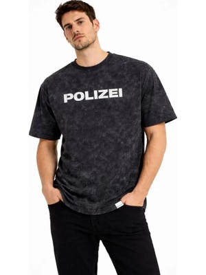 Erkek Asit Yıkamalı Baskılı Tişört Bisiklet Yaka Kısa Kollu Streetwear T-Shirt - Siyah