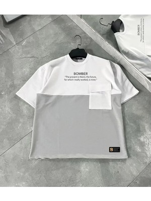 Unisex Torba Cep Detaylı  Parçalı T-Shirt - Gri