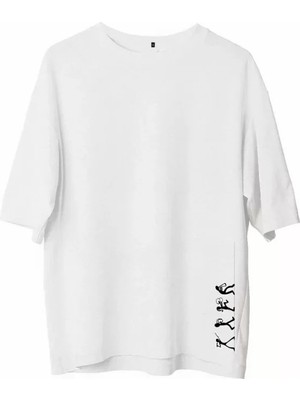 Unisex Bisiklet Yaka Baskılı Oversize T-Shirt - Beyaz