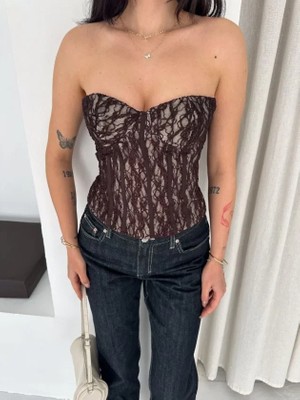 Fermuarlı Dantel Korse Straplez Bustiyer Transparan Şık Top - Kahverengi