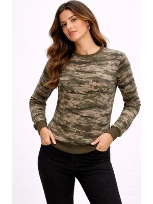 Kamuflaj Desenli 2 Iplik 4 Mevsim Uzun Kollu Bisiklet Yaka Sweatshirt - Kamuflaj