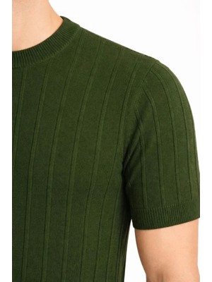 Erkek Yazlık Fitilli Triko Tişört Kısa Kol Bisiklet Yaka T-Shirt - Haki