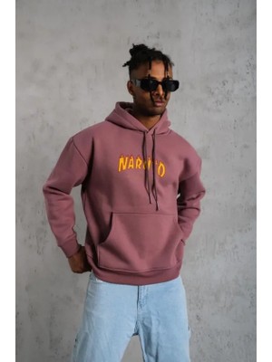 Erkek 3 Iplik Pamuklu Kapüşonlu Baskılı Cepli Oversize Sweatshirt Hoodie - Gül Kurusu