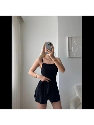 Straplez Mini Etek Görünümlü Şortlu Elbise Büzgülü Şık Yazlık - Siyah