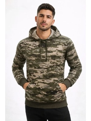 Erkek Kamuflaj Desenli 2 Iplik 4 Mevsim Kapüşonlu Kanguru Cepli Hoodie Sweatshirt - Kamuflaj
