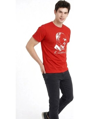 Erkek Atatürk Baskılı Tişört Kısa Kollu Bisiklet Yaka T-Shirt - Kırmızı