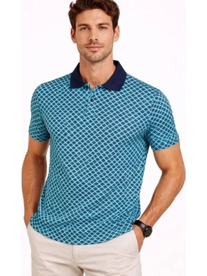 Erkek Pike Kumaş Polo Yaka Desenli Tişört Kısa Kol Yazlık T-Shirt - Turkuaz