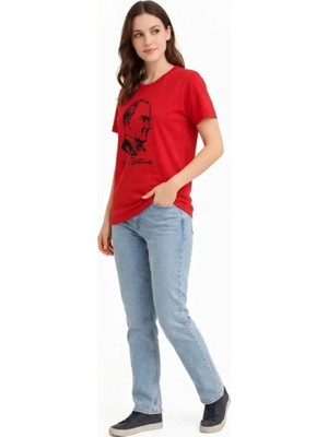 Atatürk Baskılı Tişört Kısa Kollu Bisiklet Yaka  T-Shirt - Kırmızı
