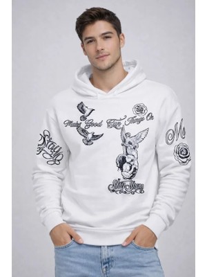 Erkek 3 Iplik Pamuklu Kapüşonlu Baskılı Sweatshirt Hoodie - Beyaz