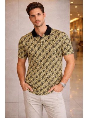 Erkek Pike Kumaş Polo Yaka Palmiye Desenli Tişört Kısa Kol Yazlık T-Shirt - Sarı