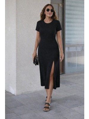 Kadın Kısa Kollu Bisiklet Yaka Yandan Yırtmaçlı Midi Viskon Elbise