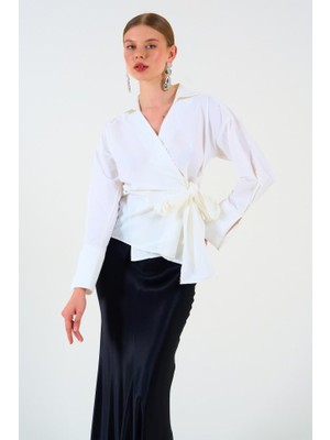 Düz Yandan Bağlamalı Gömlek - Ekru