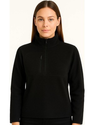 Polar Kazak – Dik Yaka, Yarım Fermuarlı, Fermuarlı Göğüs Cepli, Siyah Biyeli, Kışlık Rahat Regular Fit Günlük Model - Siyah