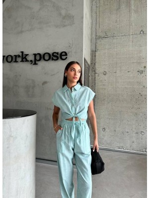 Çizgili Keten Kolsuz Crop Pantolon Takım - Yeşil