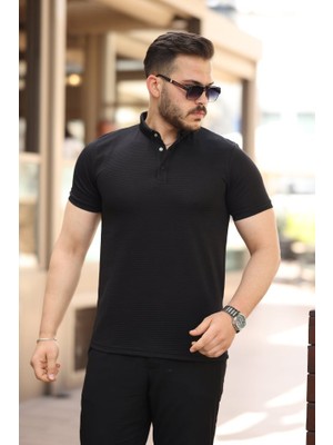 Erkek Çizgi Dokulu Çıtçıt Yakalı Kısa Kollu T-Shirt