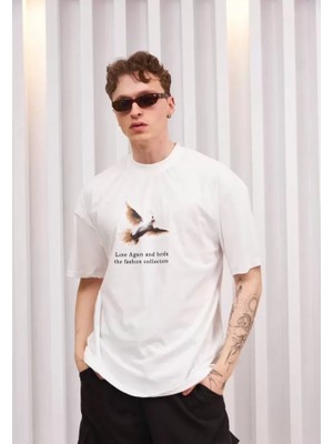 Unisex Bisiklet Yaka Baskılı Oversize T-Shirt - Siyah