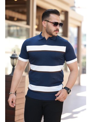 Erkek Şerit Desenli Hemşire Yaka Kısa Kollu Tişört