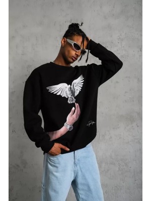 Lunelis Erkek Güvercin Baskılı Sweatshirt - Siyah