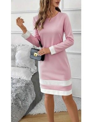 Kadın Uzun Kollu Yuvarlak Yaka Etek Ucu Şerit Detaylı Mini Dalgıç Elbise