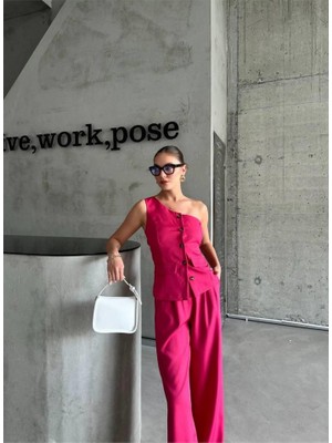 Lunelis Tek Kol Yelek - Pantolon Takım Atlas - Fuşya