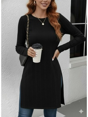 Lunelis Kadın Uzun Kollu Bisiklet Yaka Iki Yandan Yırtmaç Detay Triko Bluz