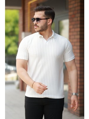 Lunelis Erkek Yakalı Çizgi Desenli Kısa Kollu Tişört