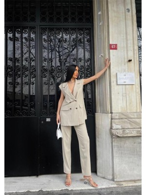 Çizgili Uzun Yelek - Pantolon Takım Polviscon - Bej