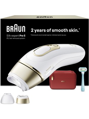 Braun Ipl Silk·expert Pro 5 Beyaz Renkli Kablolu IPL Cihazı Cilt Temas Sensörü 2 Başlık Çanta ve Gillette Venus ile PL5221