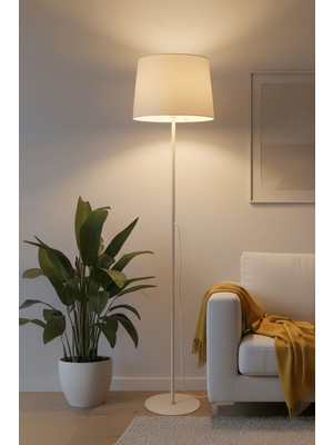 Marrien Cora Krem Metal Ayaklı Bohem Lambader 145 cm Kumaş Başlıklı Salon Yatak Odası Köşe Aydınlatma